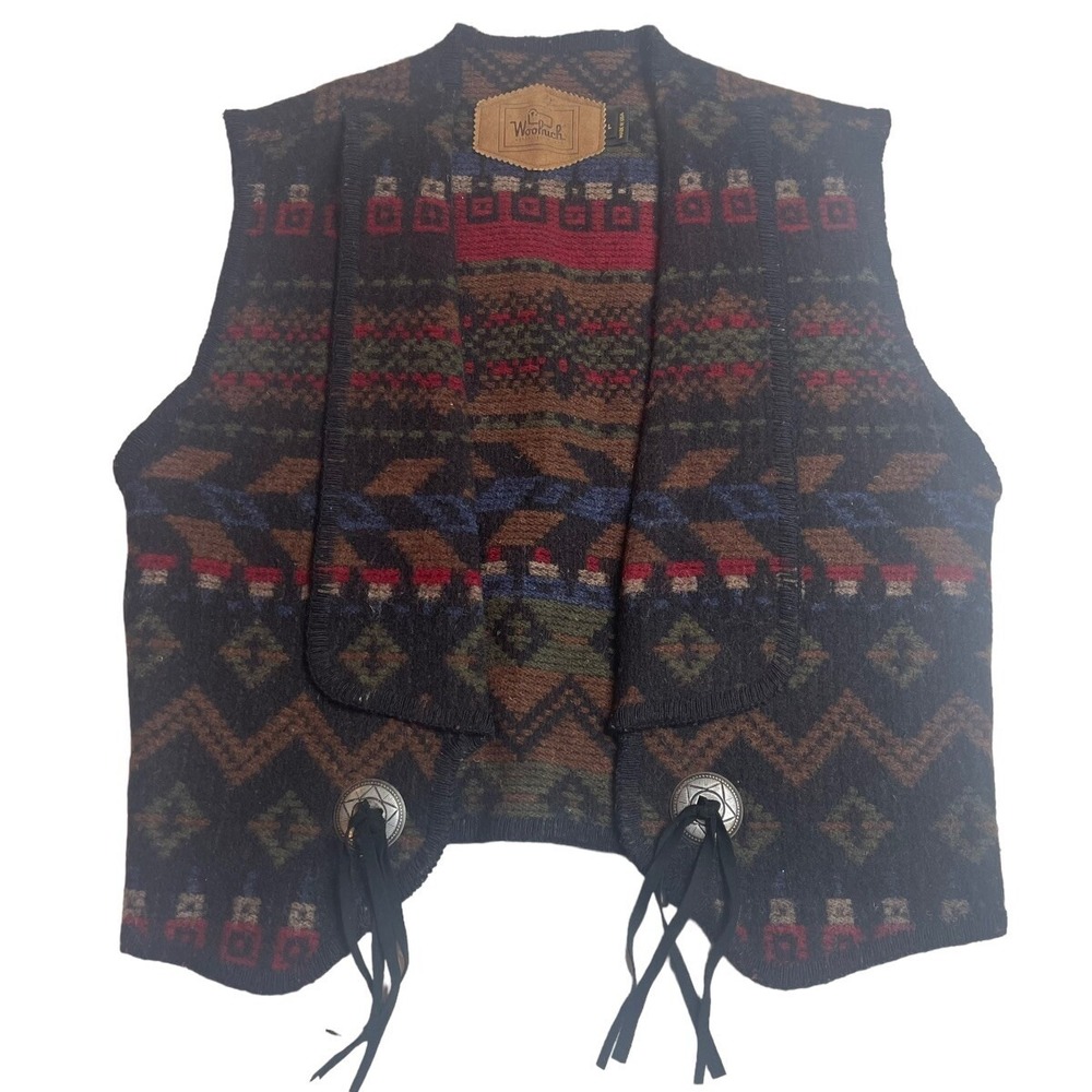 Vtg Woolrich Southwestern Sweater Vest Size Large Concho Tie Wool Boho Western